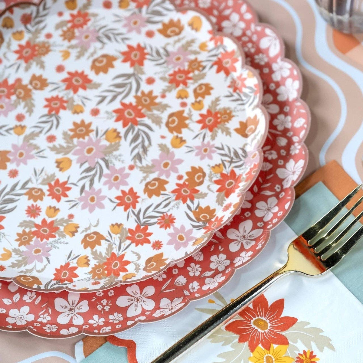 Autumn floral dinner plates by Gatherings, featuring colorful fall-inspired floral patterns on ceramic plates.