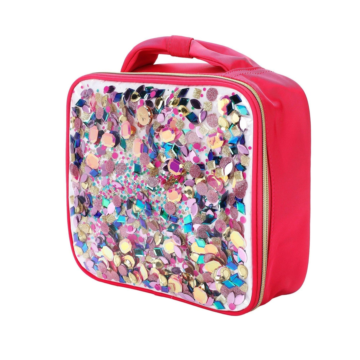 Packed Party Audrey Jewel Confetti insulated lunch box with colorful confetti design and sturdy handle for carrying.