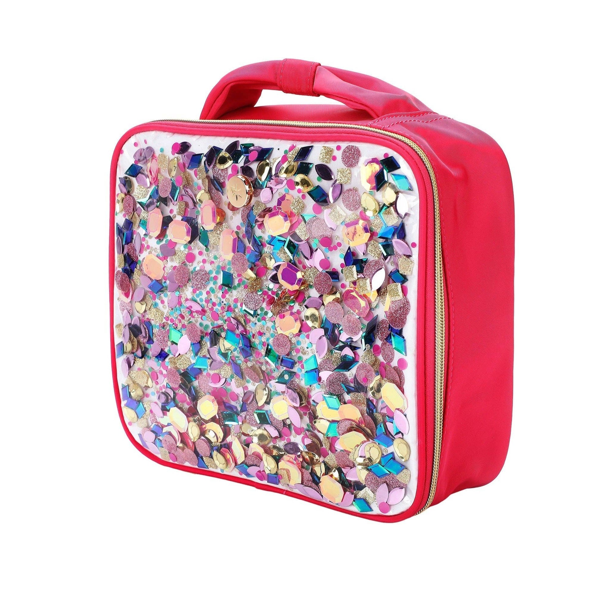 Packed Party Audrey Jewel Confetti insulated lunch box with colorful confetti design and sturdy handle for carrying.