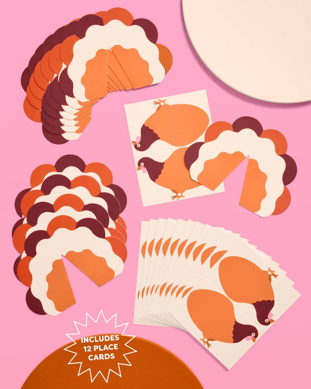 Set of 12 Turkey Time Place Cards by xo, Fetti featuring festive turkey designs for holiday table settings.