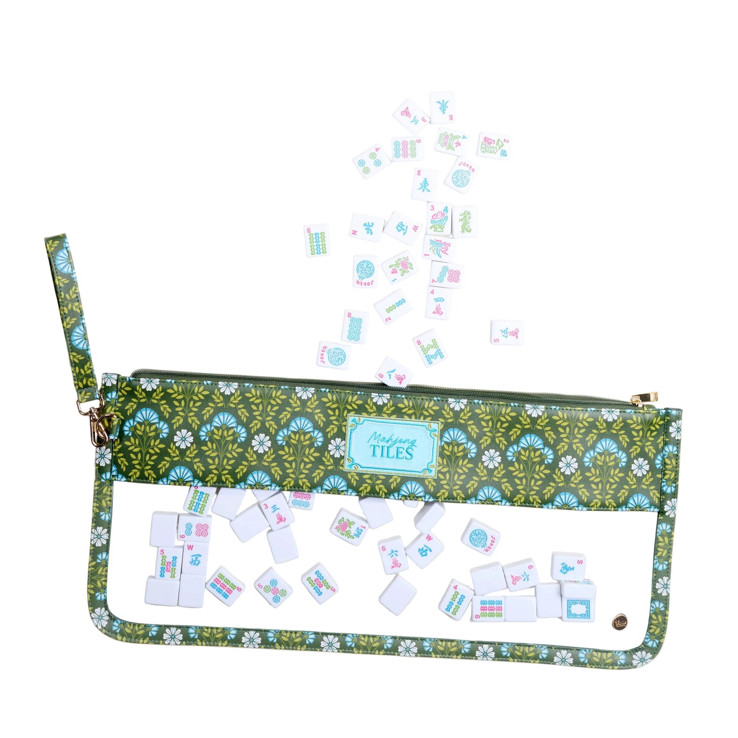Everbloom Forest Green Mahjong tile keeper pouch by The Darling Effect, featuring a compact, soft fabric with a secure zipper.