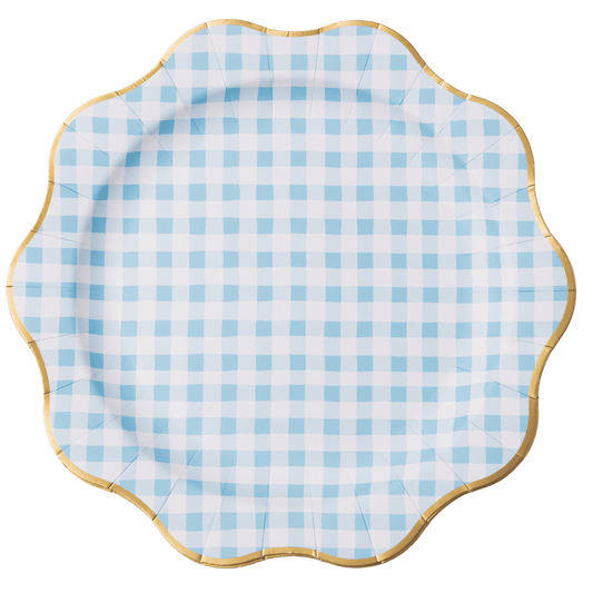 Sky Blue Gingham Dinner Plates with Gold Foil Rim | 8 Count - Porcupine Paper Co.