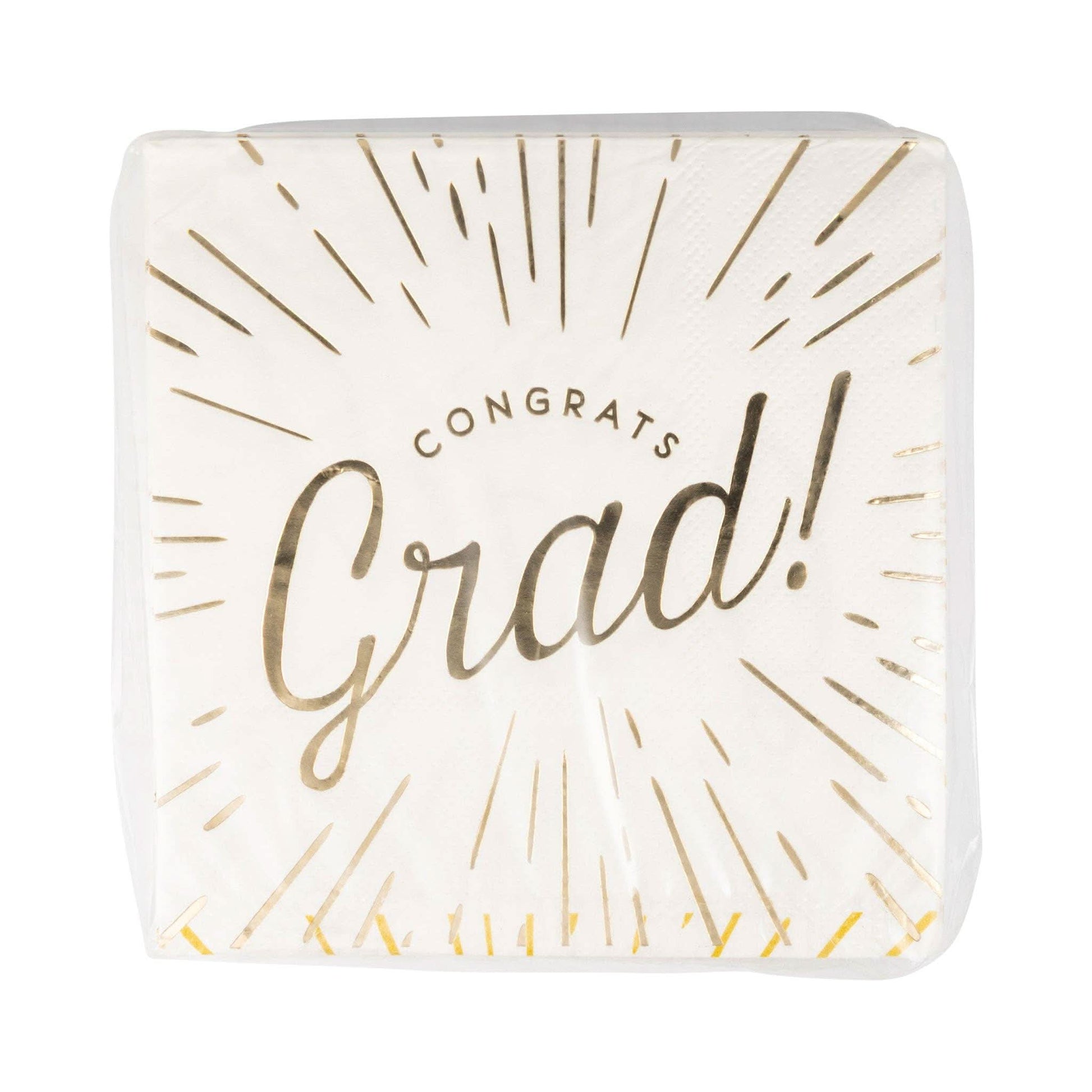 Foiled Congrats Grad cocktail napkin by My Mind’s Eye featuring a celebratory design with gold accents and "Congrats Grad" text.