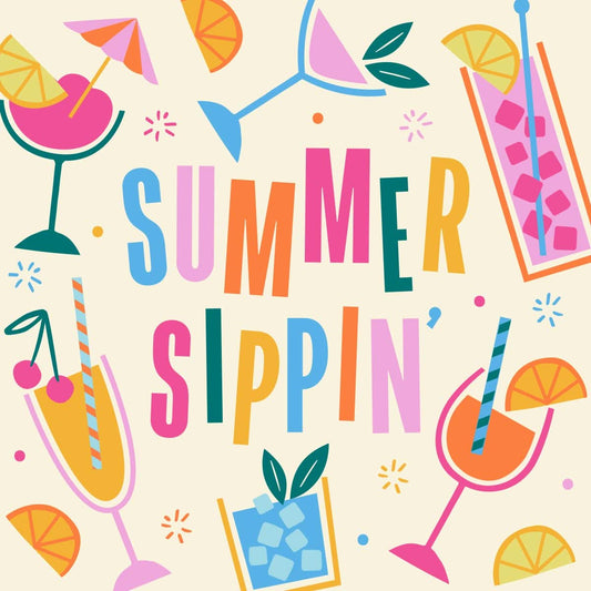 Set of funny summer sippin cocktail napkins with colorful, playful designs by soiree-sisters for festive gatherings.