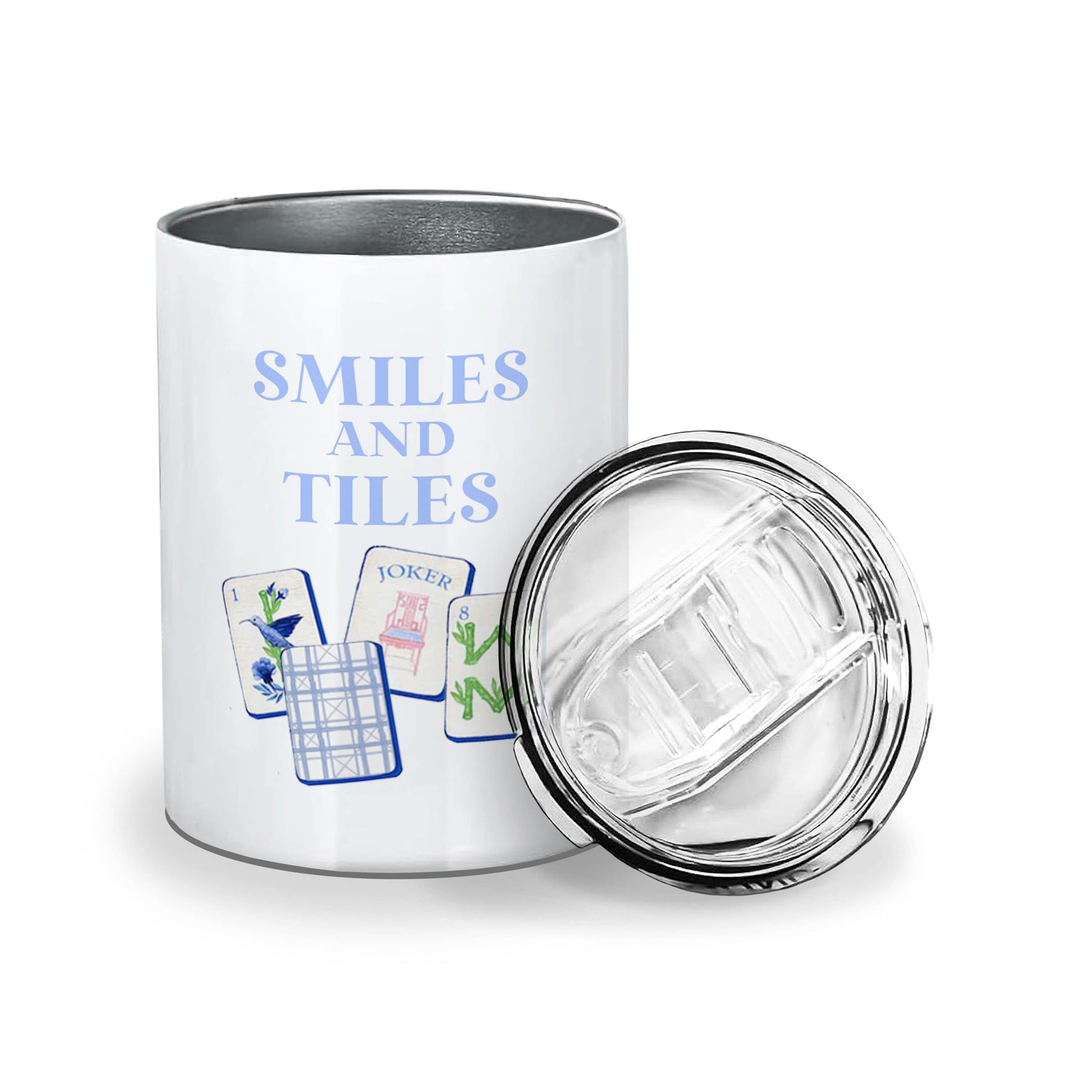 Toss Designs insulated Mahjong-themed tumbler with smiles and tiles design, showcasing its sleek, insulated stainless steel body.