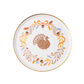 Set of 8 Fall Foliage Turkey dessert plates with gold foil accents by Bonjour Fête, featuring autumn-inspired turkey and foliage design.