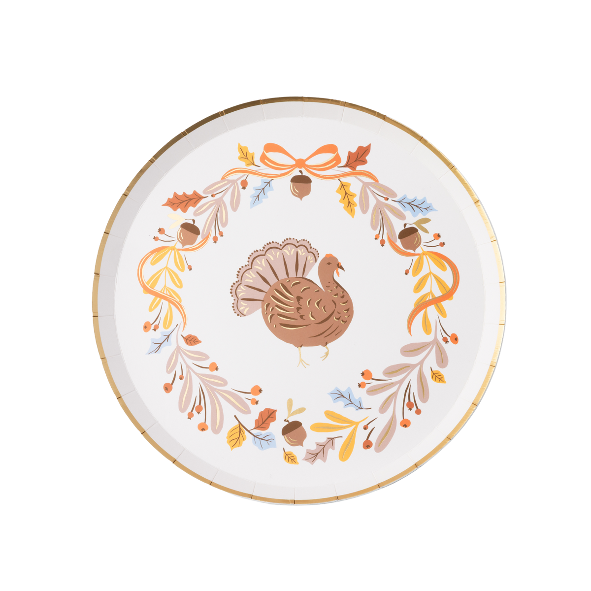 Set of 8 Fall Foliage Turkey dessert plates with gold foil accents by Bonjour Fête, featuring autumn-inspired turkey and foliage design.