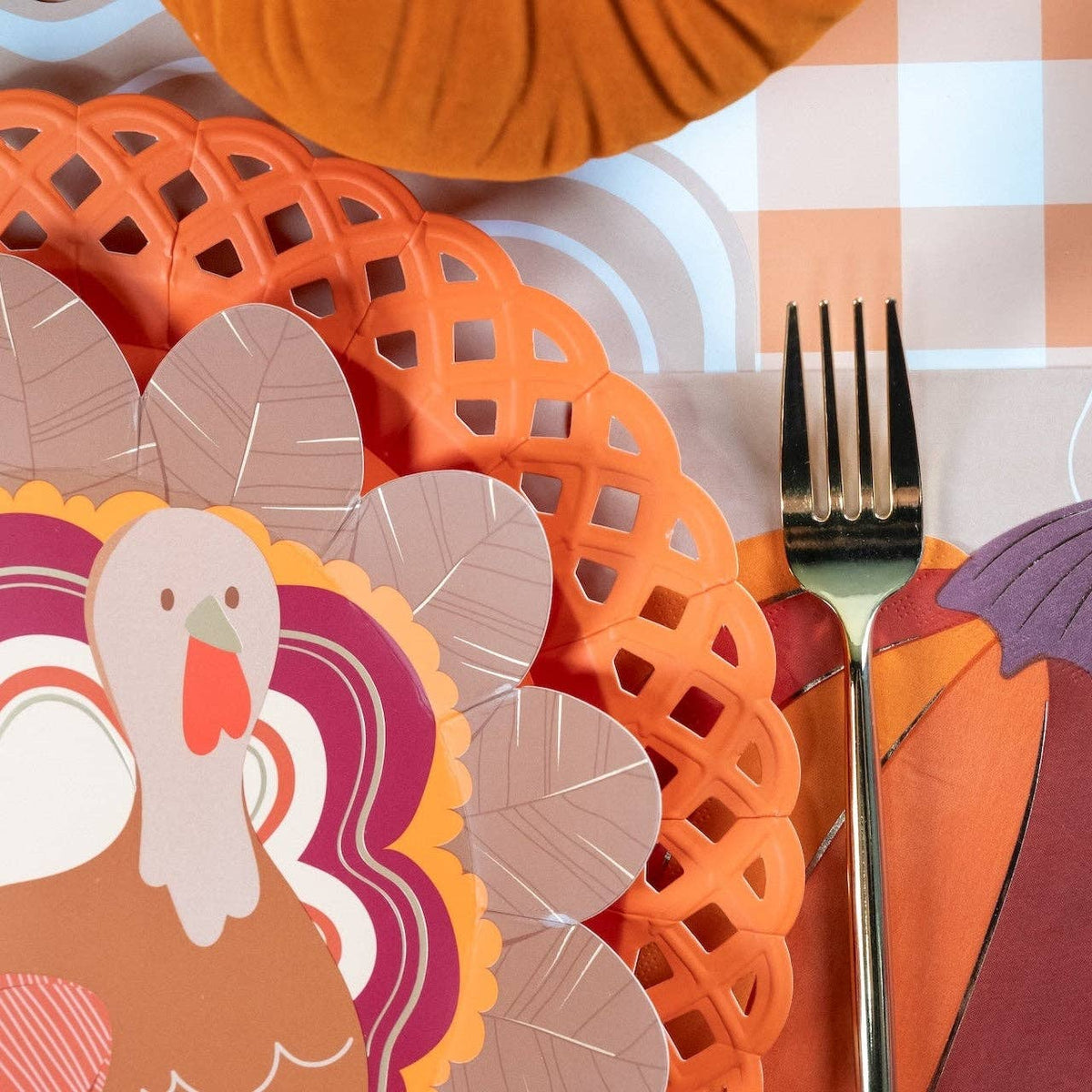 Thanksgiving turkey-shaped plates from Gatherings by Curated Paperie, featuring festive autumnal design for holiday celebrations.