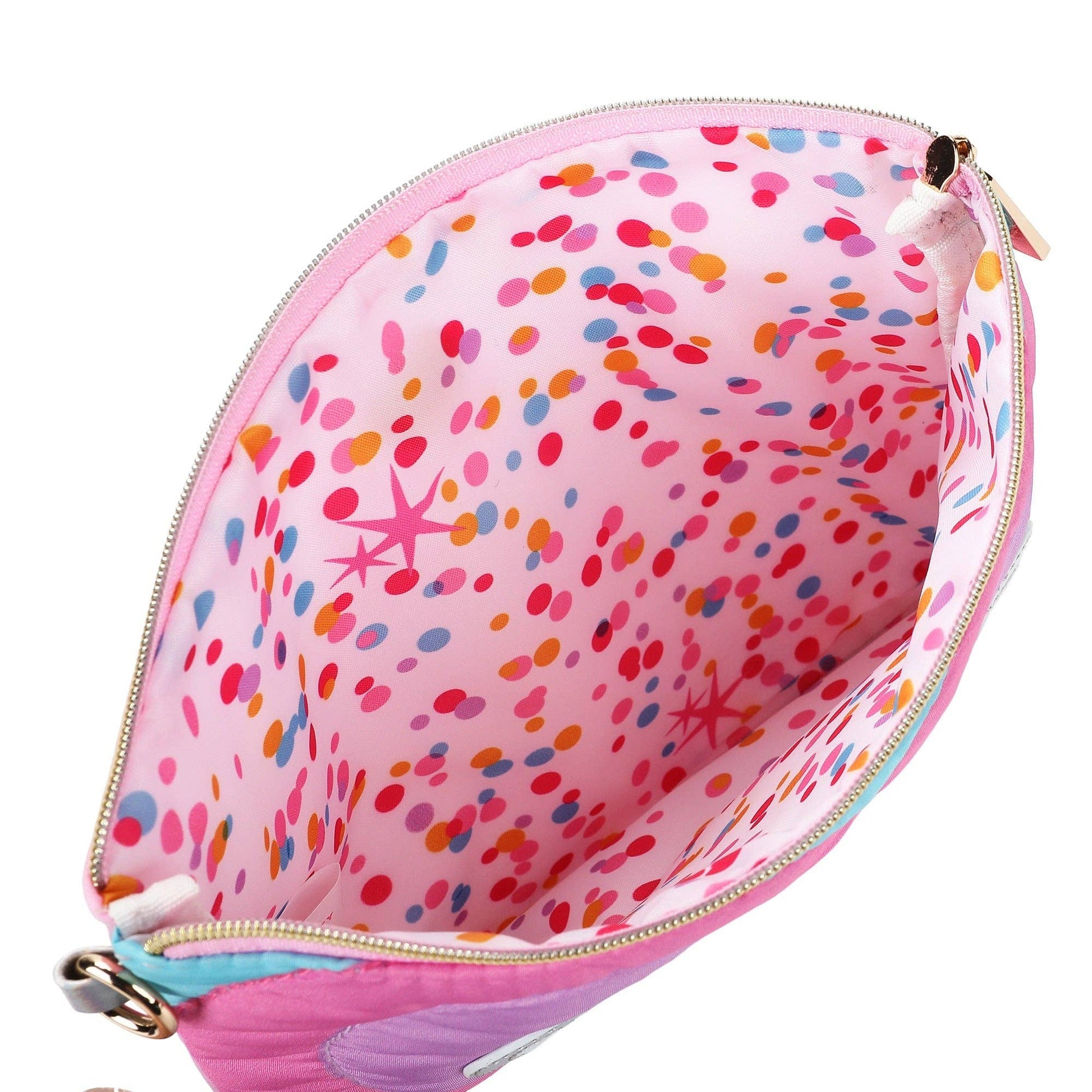 Packed Party Taylor Quilted Hearts Confetti Pencil Pouch with pink quilted fabric and colorful heart confetti design.