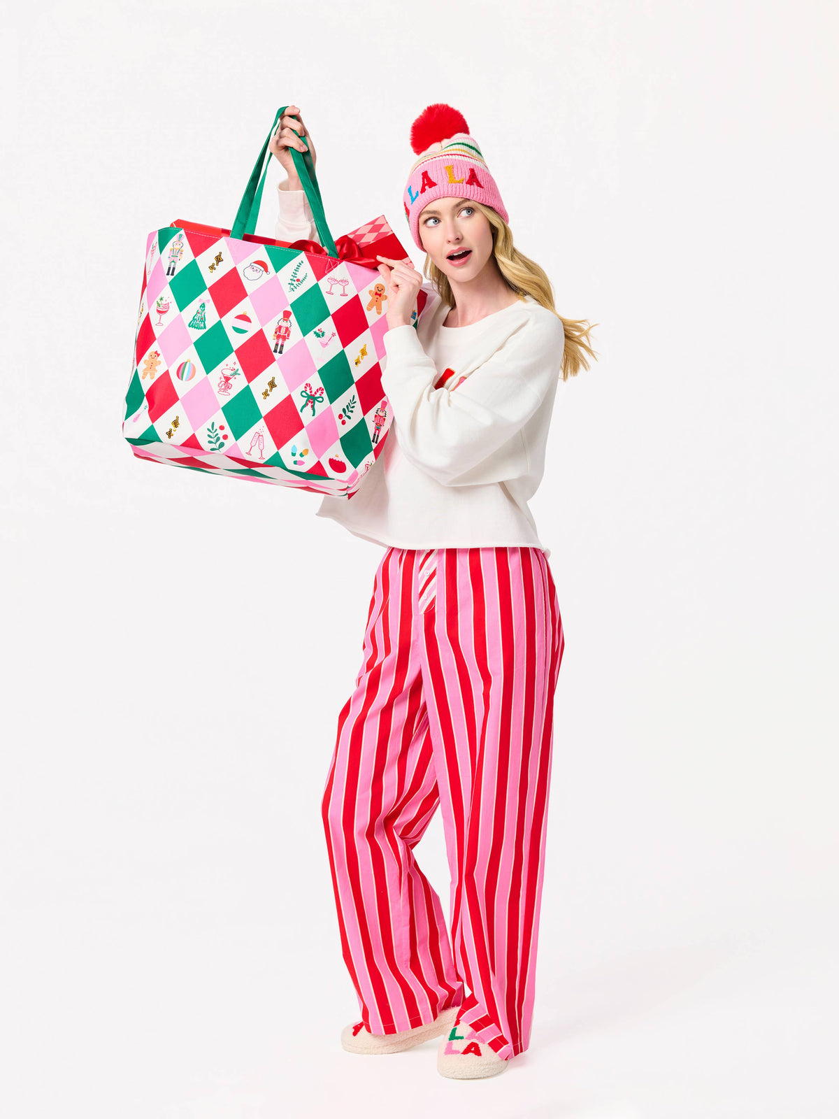 Shiraleah FA LA LA Slippers in large/extra-large size featuring festive red and white Christmas design for cozy holiday comfort