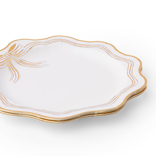 Set of 8 Bonjour Fête cream and gold scalloped dinner plates with 11-inch diameter, elegant for special occasions.