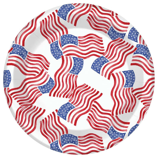 Set of 8 Boston International 7-inch round paper plates with stars and stripes design for celebrations or patriotic events.