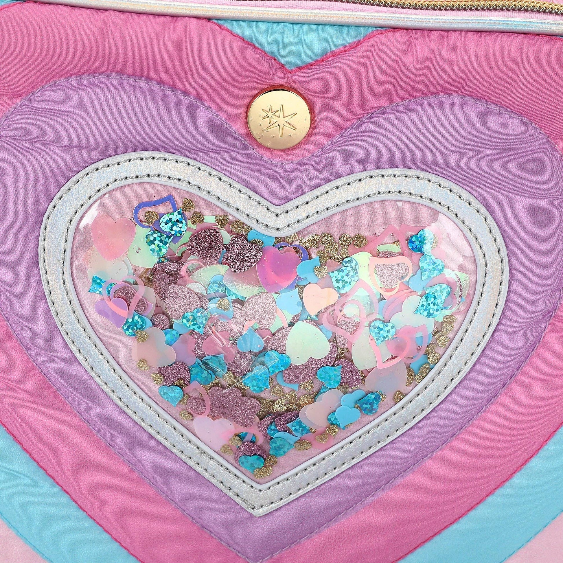 Packed Party Taylor quilted confetti hearts insulated lunchbox with colorful heart pattern and padded quilted design.