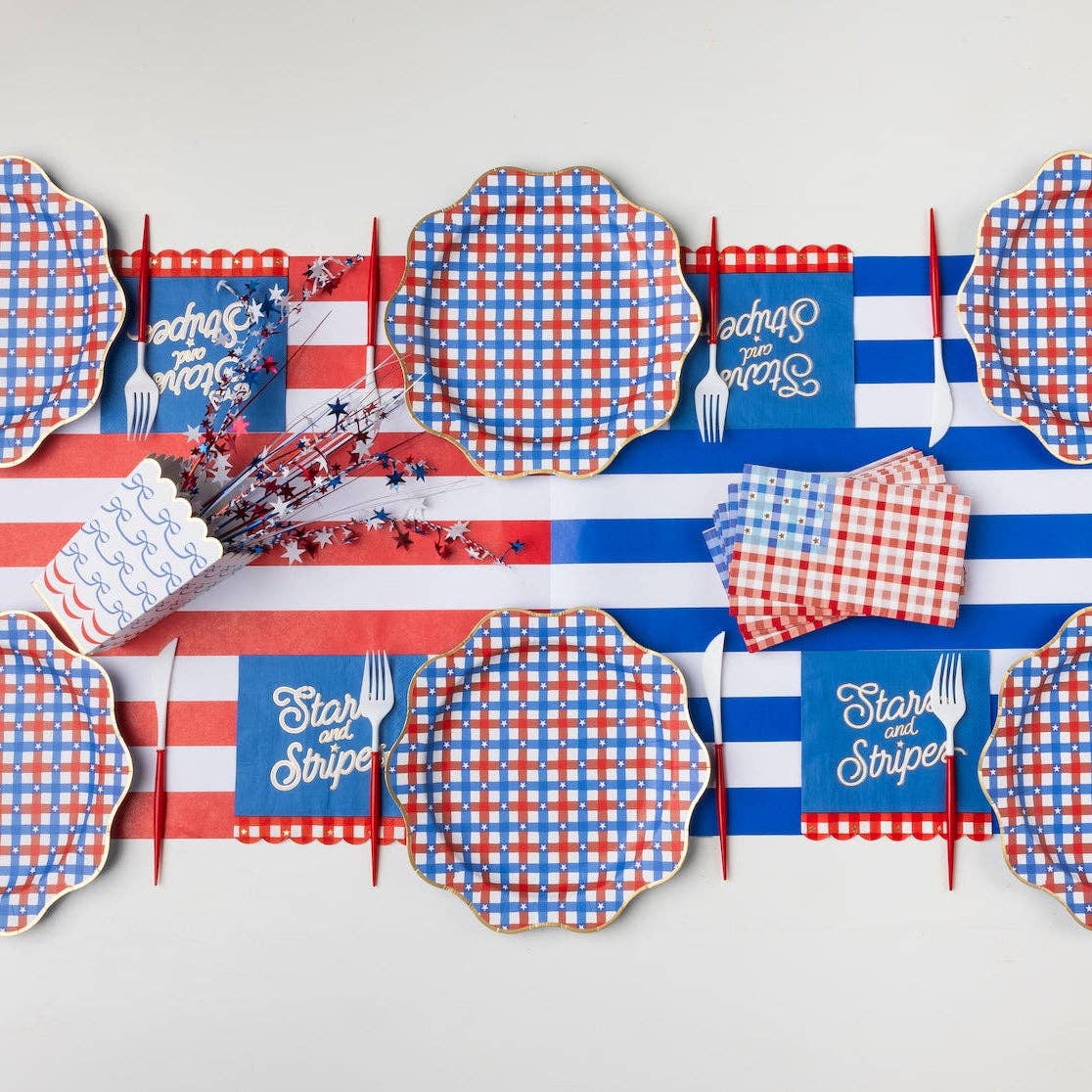 Red and blue gingham star dinner plates by Bonjour Fête, featuring a festive star pattern on classic gingham background.