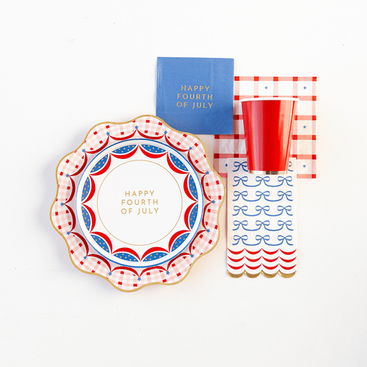 Bonjour Fête 4th of July Bow Flag guest towels pack of 20 with festive red, white, and blue patriotic design.