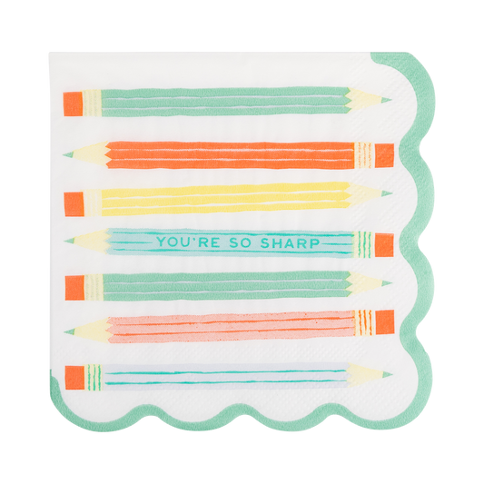Set of 24 Pencil Cocktail Napkins by My Mind’s Eye featuring stylish pencil designs on white paper.