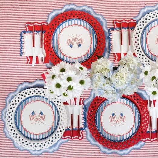 Red Basketweave Dinner Paper Plates by Gatherings by Curated Paperie featuring a textured basketweave design for dining occasions.