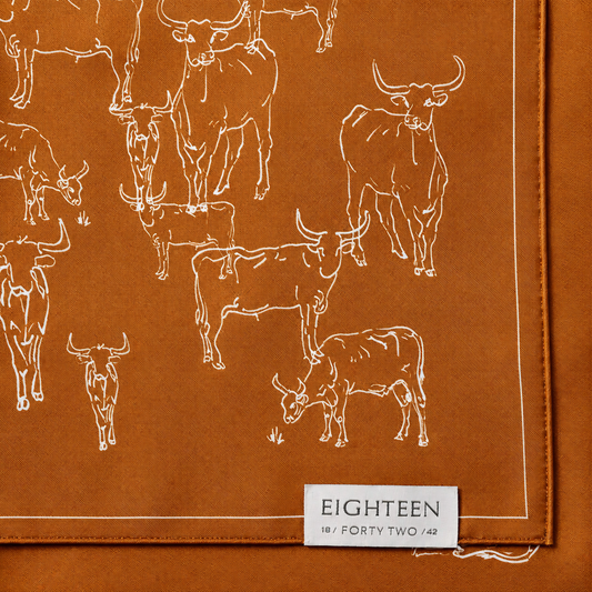 Burnt orange Texas Longhorn outline silk twill scarf by Eighteen Forty Two, 20x20 inches, featuring a Western-inspired design.