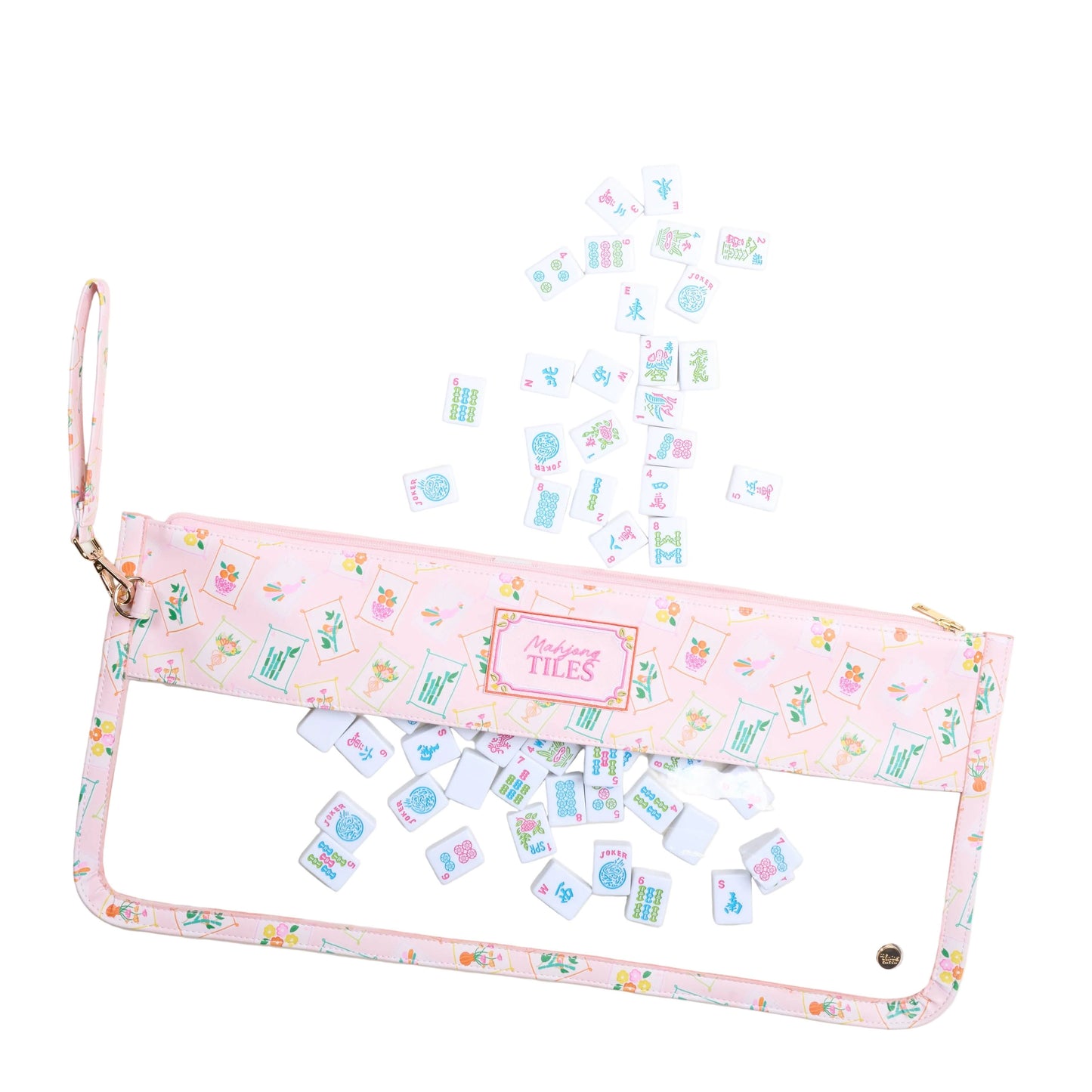 Pink Mahjong tile keeper pouch by The Darling Effect featuring "It's Mahj Time" design, perfect for storing and organizing tiles.