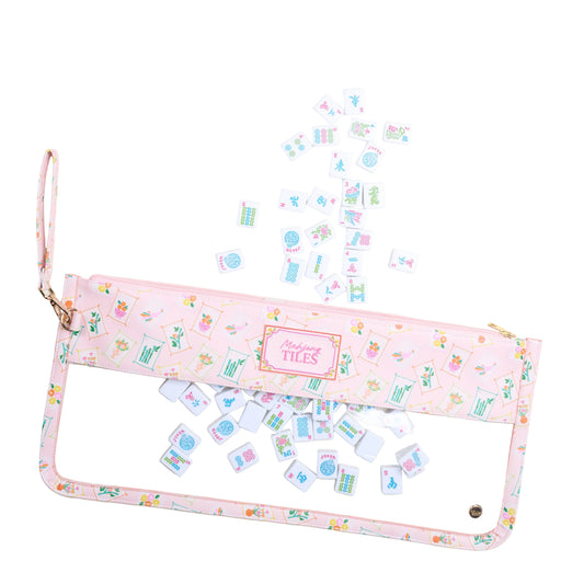 Pink Mahjong tile keeper pouch by The Darling Effect featuring "It's Mahj Time" design, perfect for storing and organizing tiles.