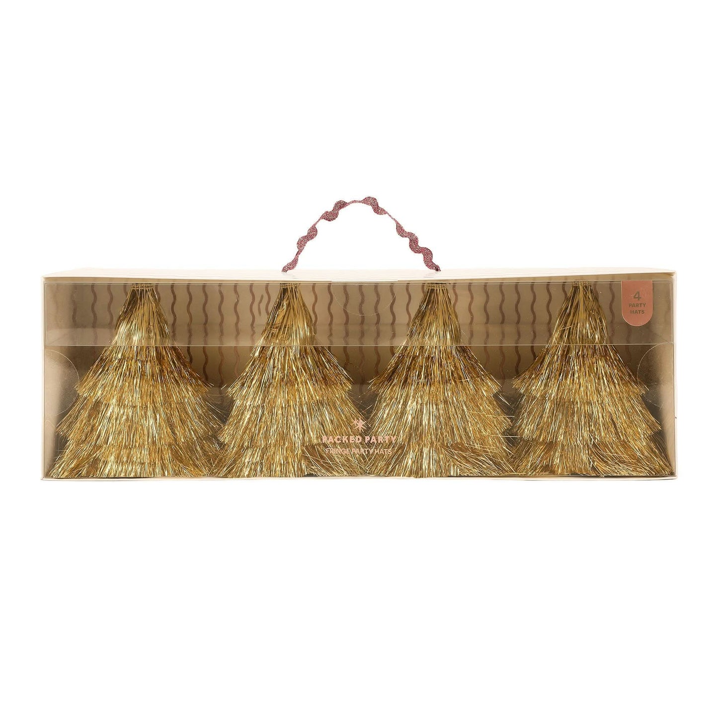 Set of four Golden Girl mini gold fringe party hats by Packed Party, featuring shiny gold fabric and playful mini design.
