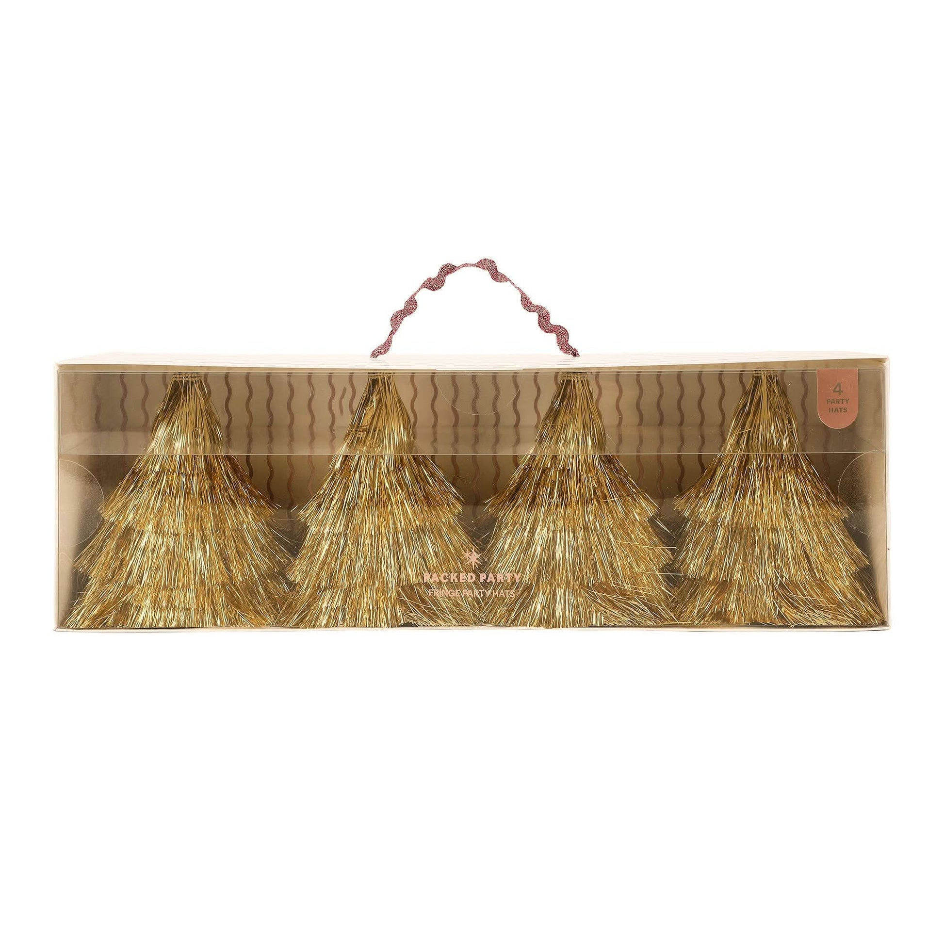 Set of four Golden Girl mini gold fringe party hats by Packed Party, featuring shiny gold fabric and playful mini design.