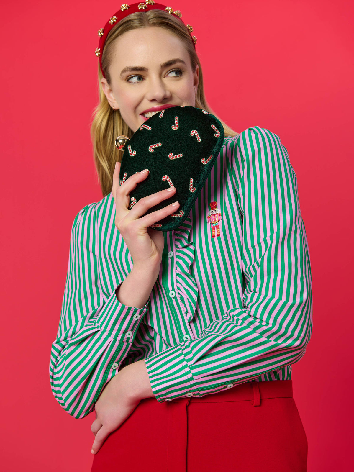 Shiraleah Candy Cane Minaudière in forest green with white candy cane pattern, stylish small evening bag with gold clasp.