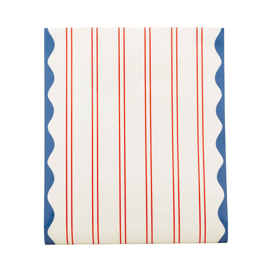 My Mind’s Eye striped table runner with colorful horizontal stripes, made of soft fabric, placed on a dining table.