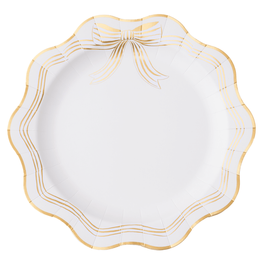 Set of 8 cream and gold scalloped dinner plates by Bonjour Fête, 11-inch size with elegant bow design for special occasions.
