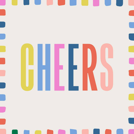 Set of 20 Cheers Bright funny cocktail napkins by Soiree Sisters, featuring colorful, cheerful designs for parties and gatherings.