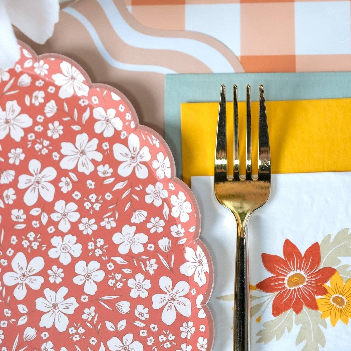 Autumn floral dinner plates by Gatherings by Curated Paperie with colorful fall-inspired floral patterns on ceramic plates.