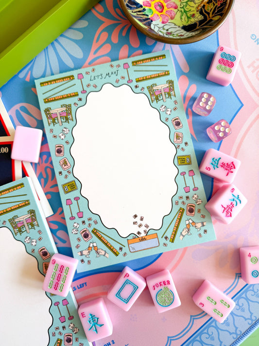Mahjong Essentials Notepad by Thirteenwinks, 5x7 inches with 50 sheets, featuring traditional mahjong tile designs for gaming notes.