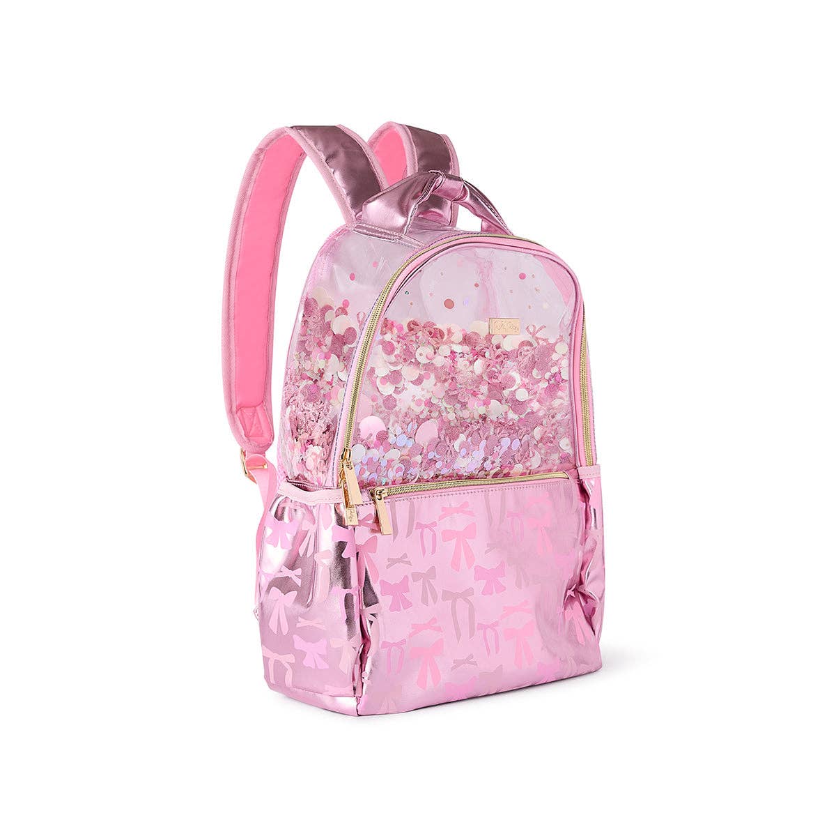 Pink Bows and Confetti Backpack by Packed Party featuring colorful bow accents and festive confetti design.