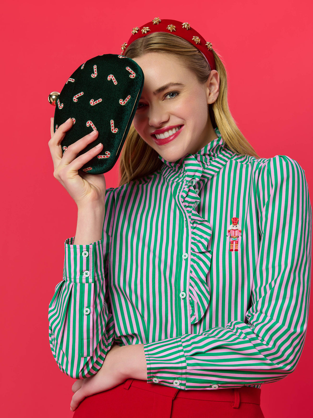 Shiraleah Candy Cane Minaudière in forest green with red and white candy cane pattern, small clutch bag with metallic clasp.