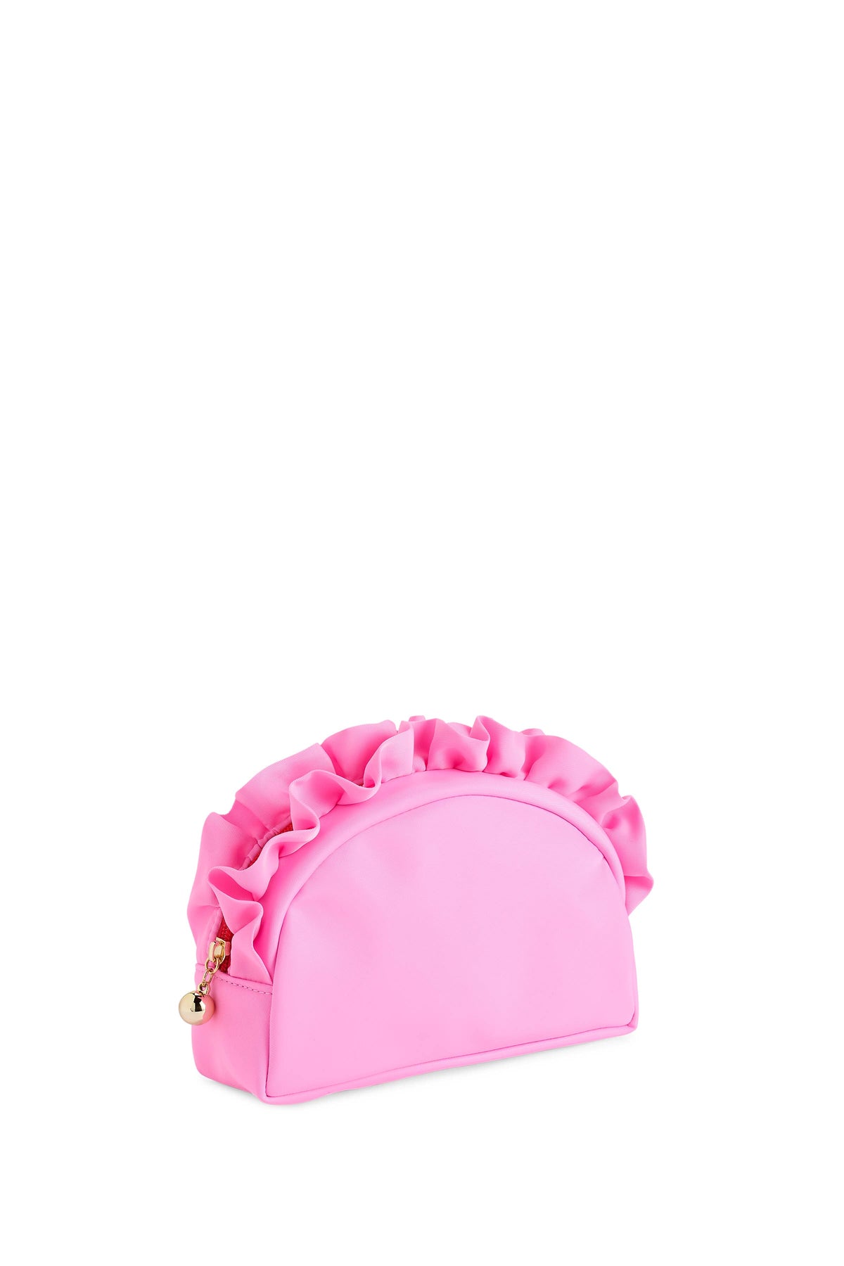 Pink Shiraleah solid ruffle small zip pouch with ruffle details and compact design for storing small essentials.