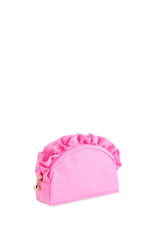 Pink Shiraleah solid ruffle small zip pouch with ruffle details and compact design for storing small essentials.