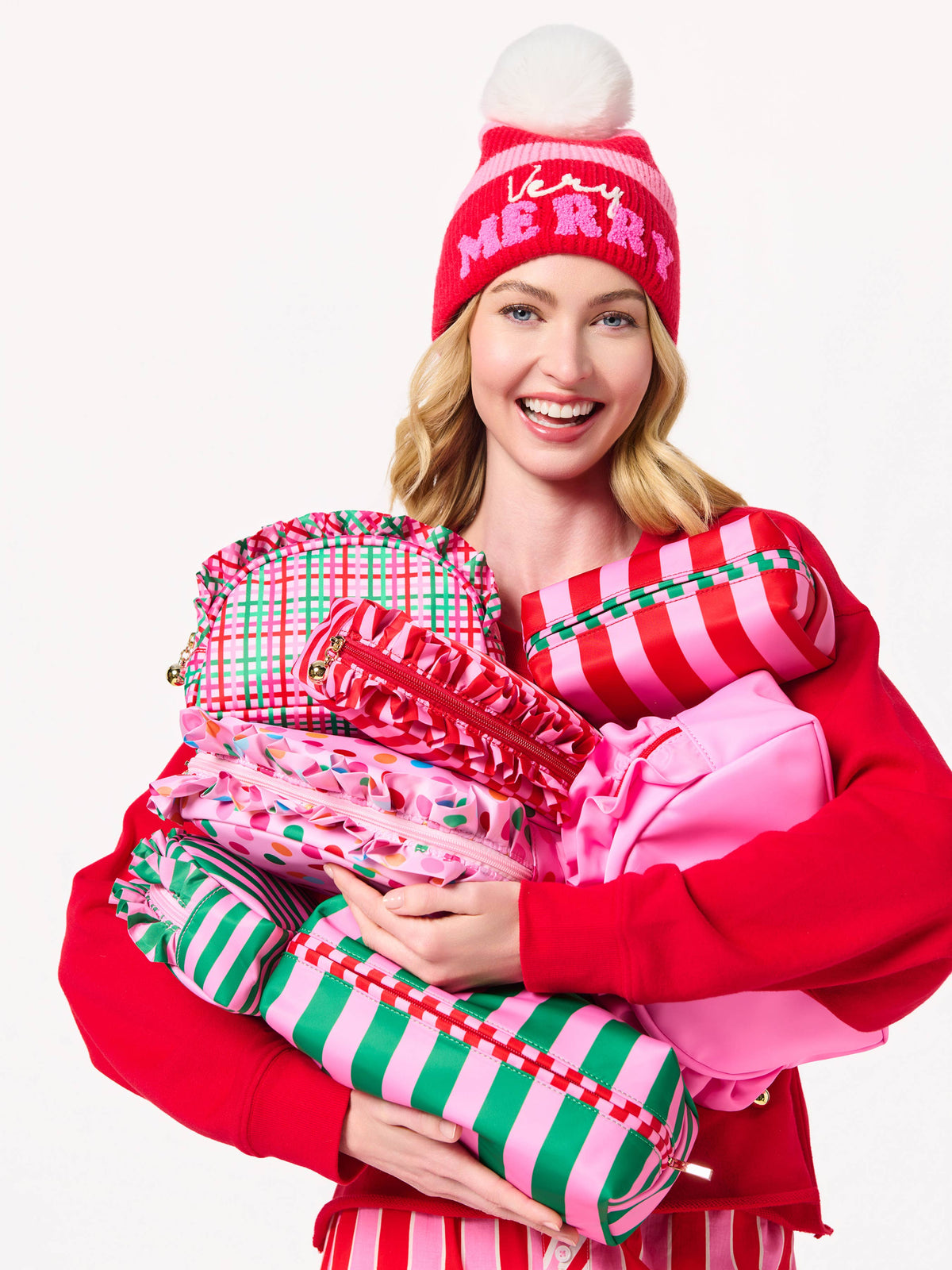 Shiraleah Holly Stripe Pink Cosmetic Pouch with colorful stripe pattern and zipper closure for makeup and essentials.