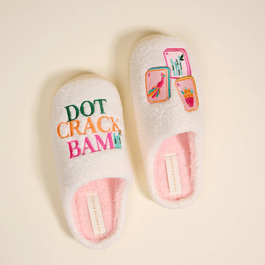 Fuzzy Dot Crack Bam slippers by The Darling Effect in size M/L, featuring cozy plush material and playful dotted pattern.