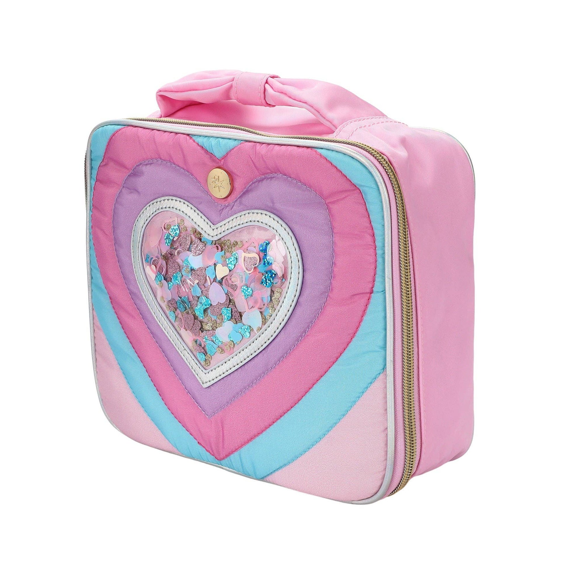 Taylor Quilted Confetti Hearts insulated lunchbox by Packed Party, featuring colorful heart patterns and quilted fabric design.