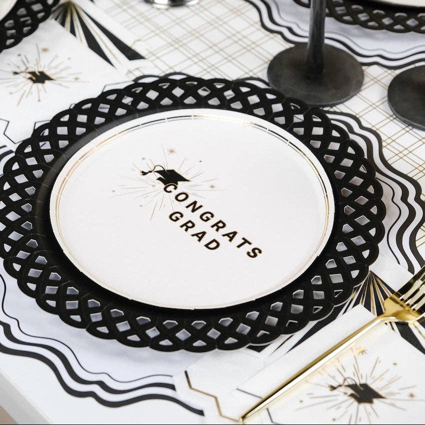 Black Basketweave Dinner Paper Plates by Gatherings by Curated Paperie, featuring a stylish basketweave pattern on sturdy paper plates.