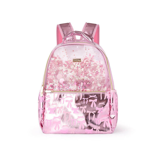 Pink bows and confetti print Packed Party backpack with adjustable straps and zipper closure, perfect for stylish everyday use.