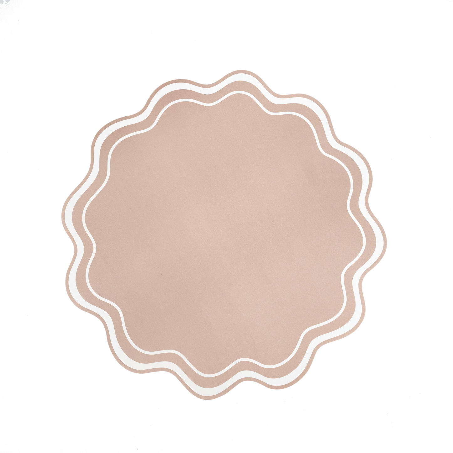 Beige wavy scallop paper placemats, 14-inch, from Gatherings by Curated Paperie, arranged for table setting, 12 count.