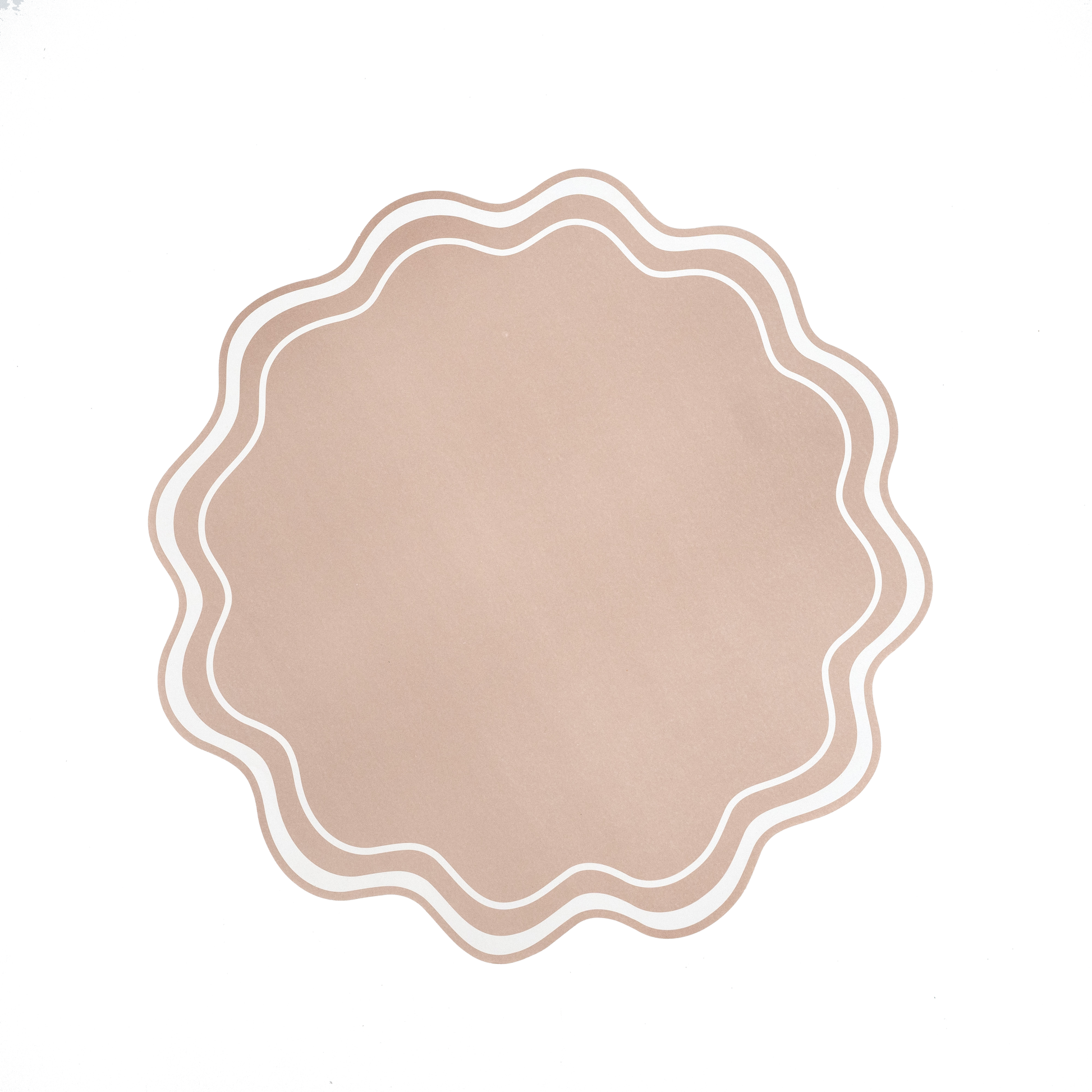 Beige wavy scallop paper placemats, 14-inch, from Gatherings by Curated Paperie, arranged for table setting, 12 count.