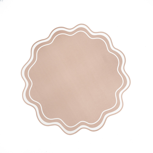 Beige wavy scallop paper placemats, 14-inch, from Gatherings by Curated Paperie, arranged for table setting, 12 count.
