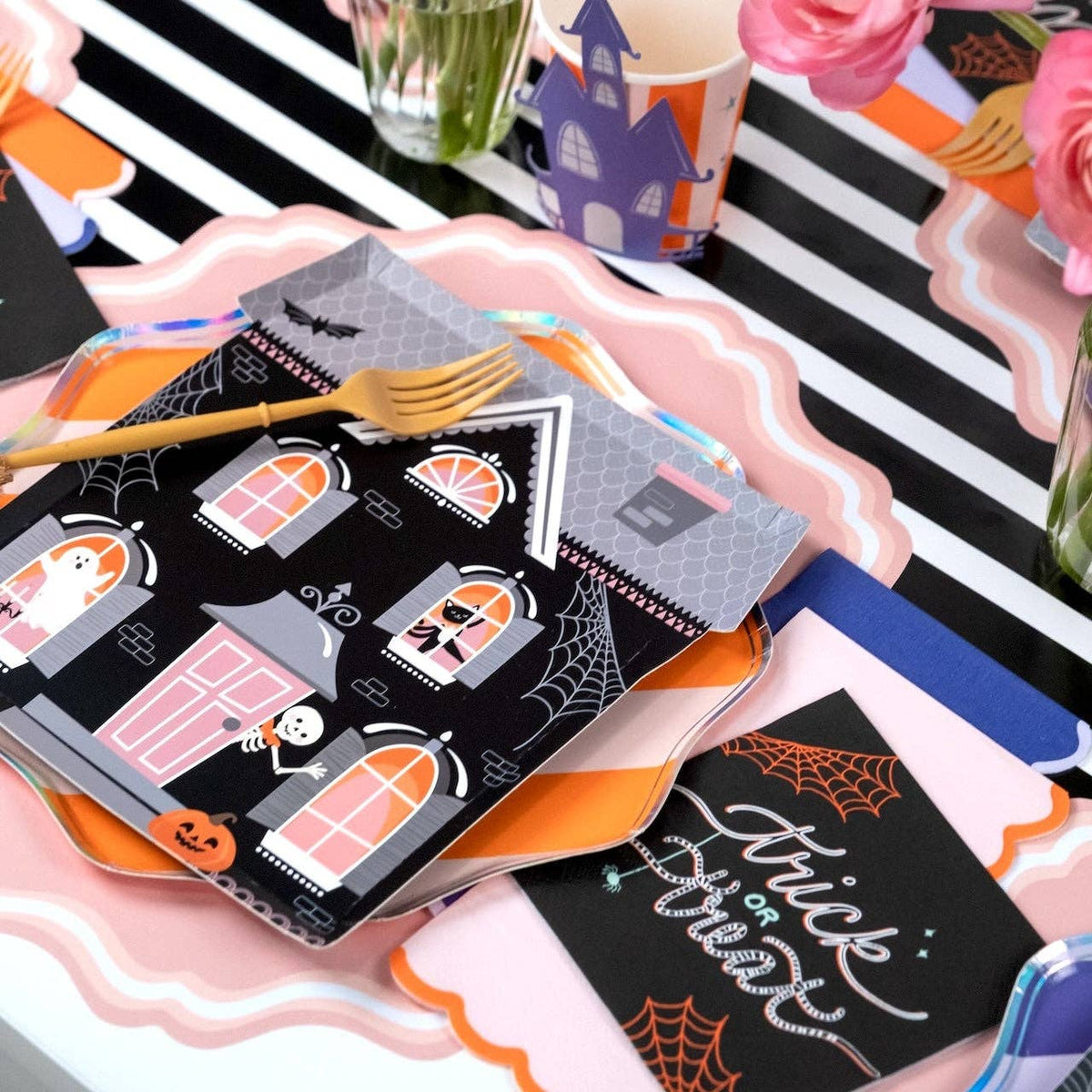 Haunted house Halloween shaped plates by Gatherings by Curated Paperie featuring spooky haunted house design for Halloween parties
