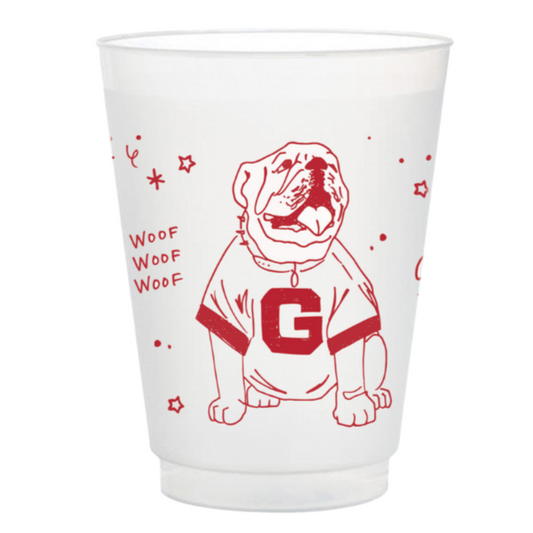 White cup with red dog illustration and 'Woof Woof' text on a white background