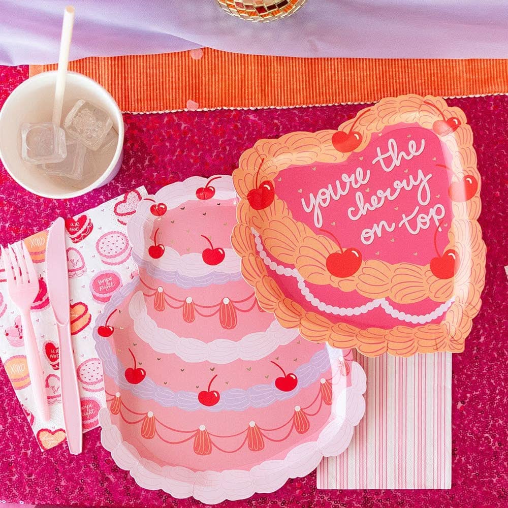 Set of eight Cherry On Top Cake Dinner Plates by Jollity & Co. and Daydream Society, featuring colorful cherry illustrations.