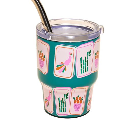 Two-ounce Tiny Tumbler featuring mahjong tiles from The Darling Effect, compact glass drinkware with decorative tile design.