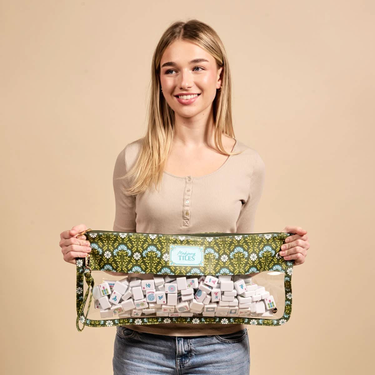 Everbloom Forest Green Mahjong tile keeper pouch by The Darling Effect, featuring a compact, floral-printed storage case for tiles.