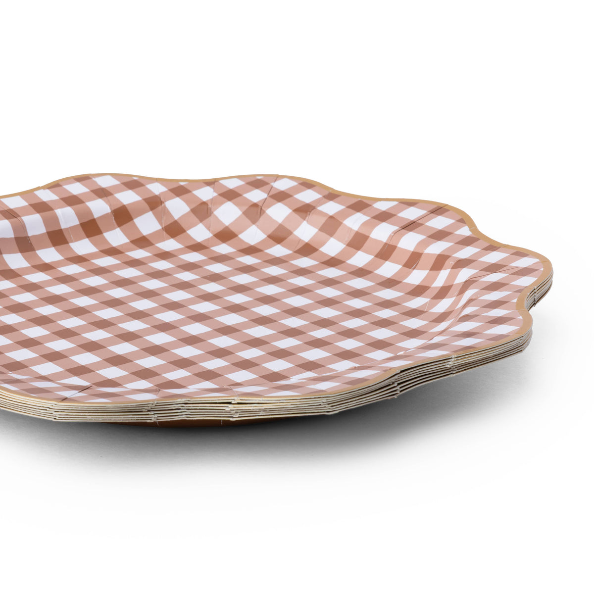 Set of 8 mocha brown gingham scalloped plates by Bonjour Fête, featuring a charming checkered pattern and scalloped edges.